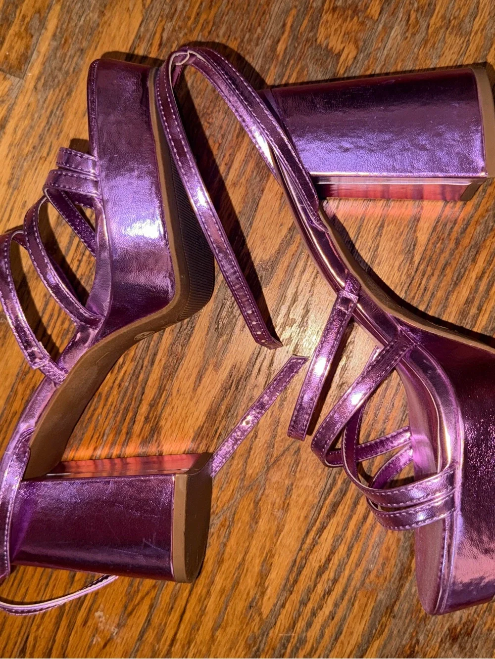 Fashion Nova Pink Purple Metallic Chunky Strappy Heel Shoes Platform Sabrina